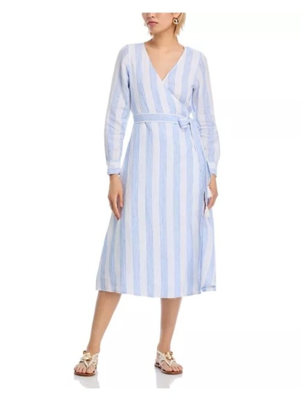 NWT Tommy Bahama Bayside Isle Linen Striped‎ Wrap Midi Dress Blue White Coastal